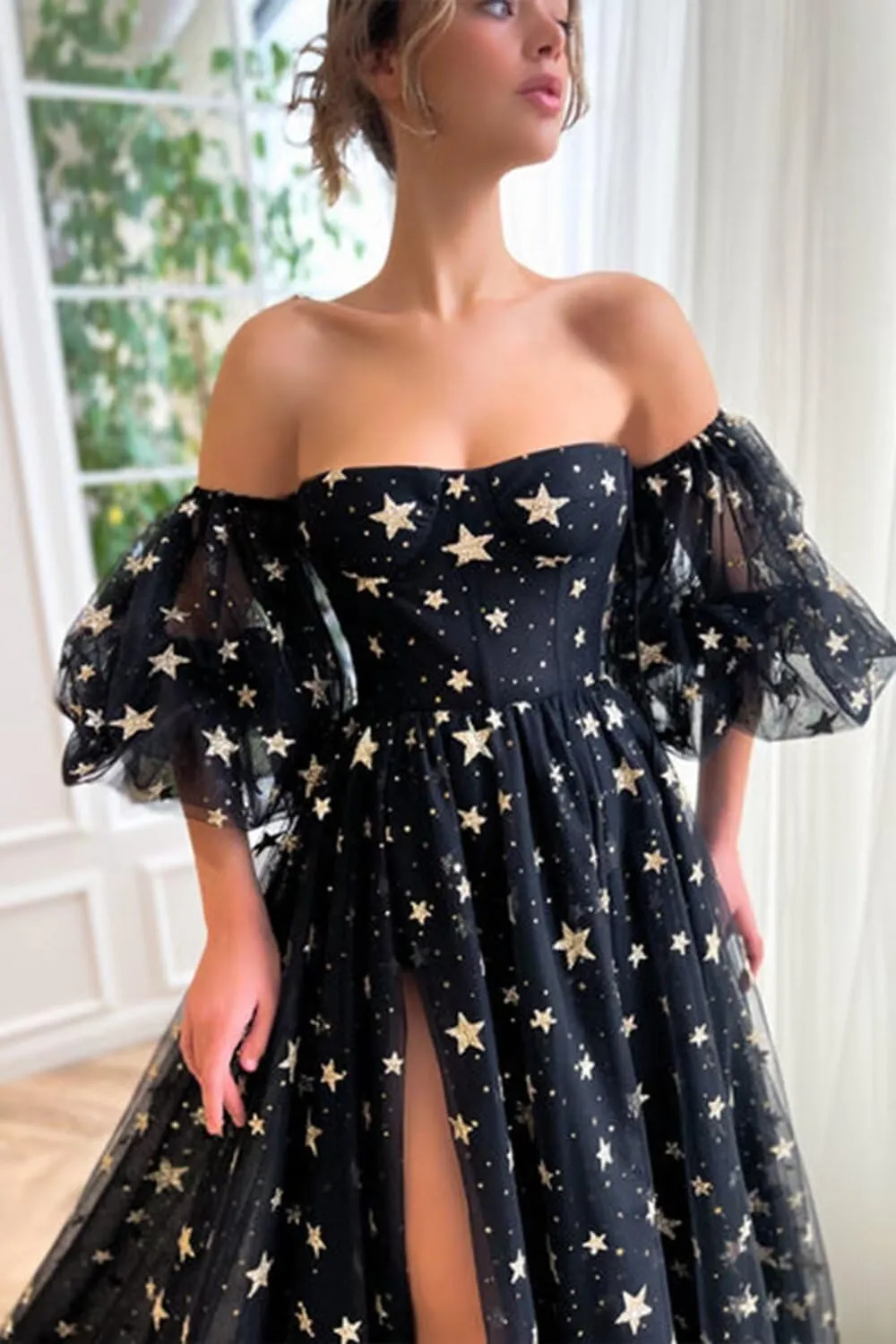 Eightale Off Shoulder Sparkly Tulle Long Prom Dress A Line for Women Formal Evening Dress