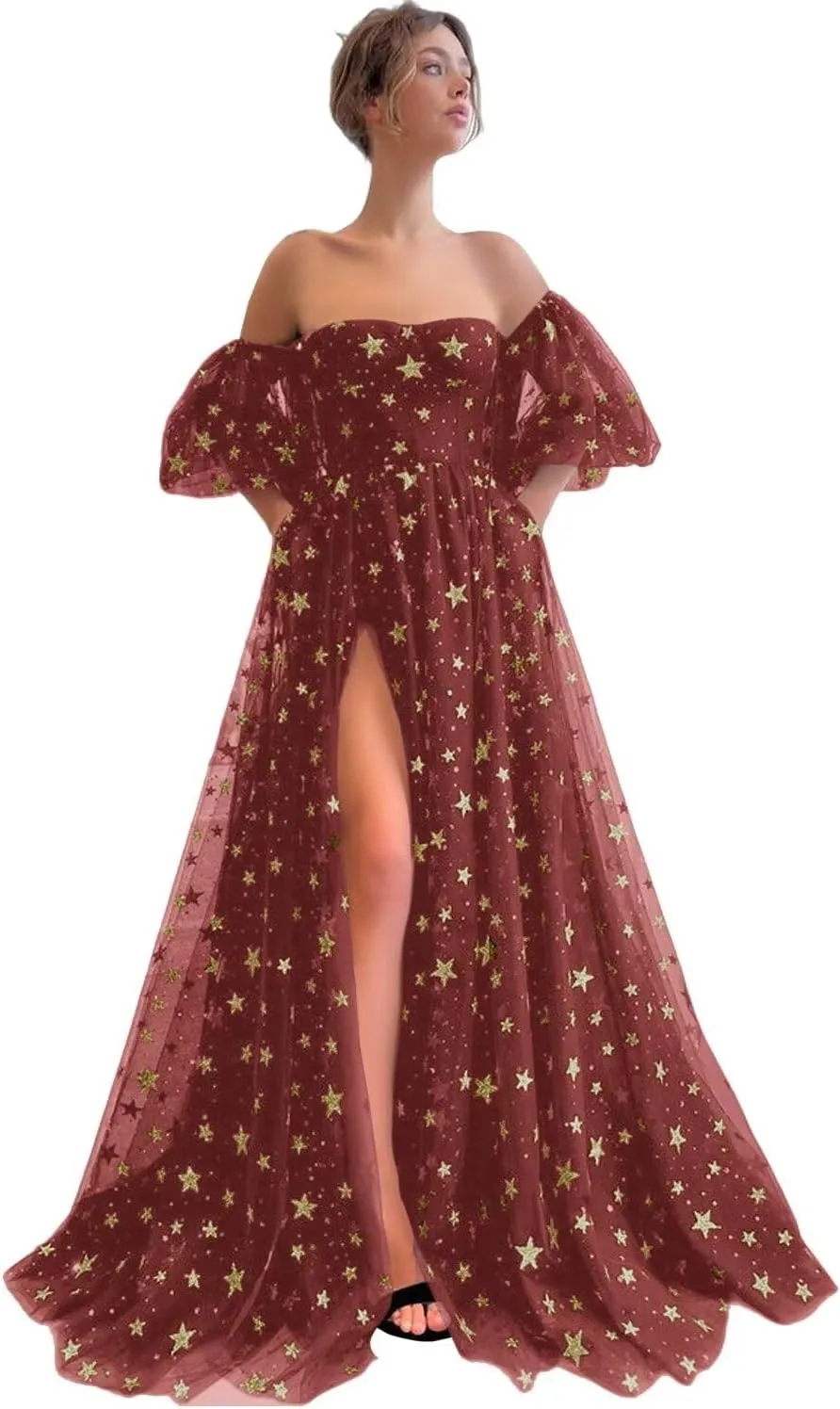 Eightale Off Shoulder Sparkly Tulle Long Prom Dress A Line for Women Formal Evening Dress