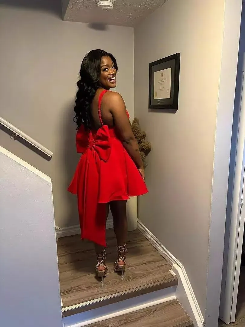 Eightale Satin Homecoming Dress with Bow Short Corset Mini Backless Prom Cocktail Party Dress