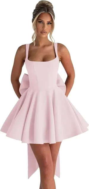 Eightale Satin Homecoming Dress with Bow Short Corset Mini Backless Prom Cocktail Party Dress