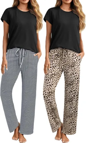 Ekouaer 2 Pack Womens Pajama Sets Short Sleeve Sleepwear Top and Pants 4 Piece Pjs Lounge Sets with Pockets