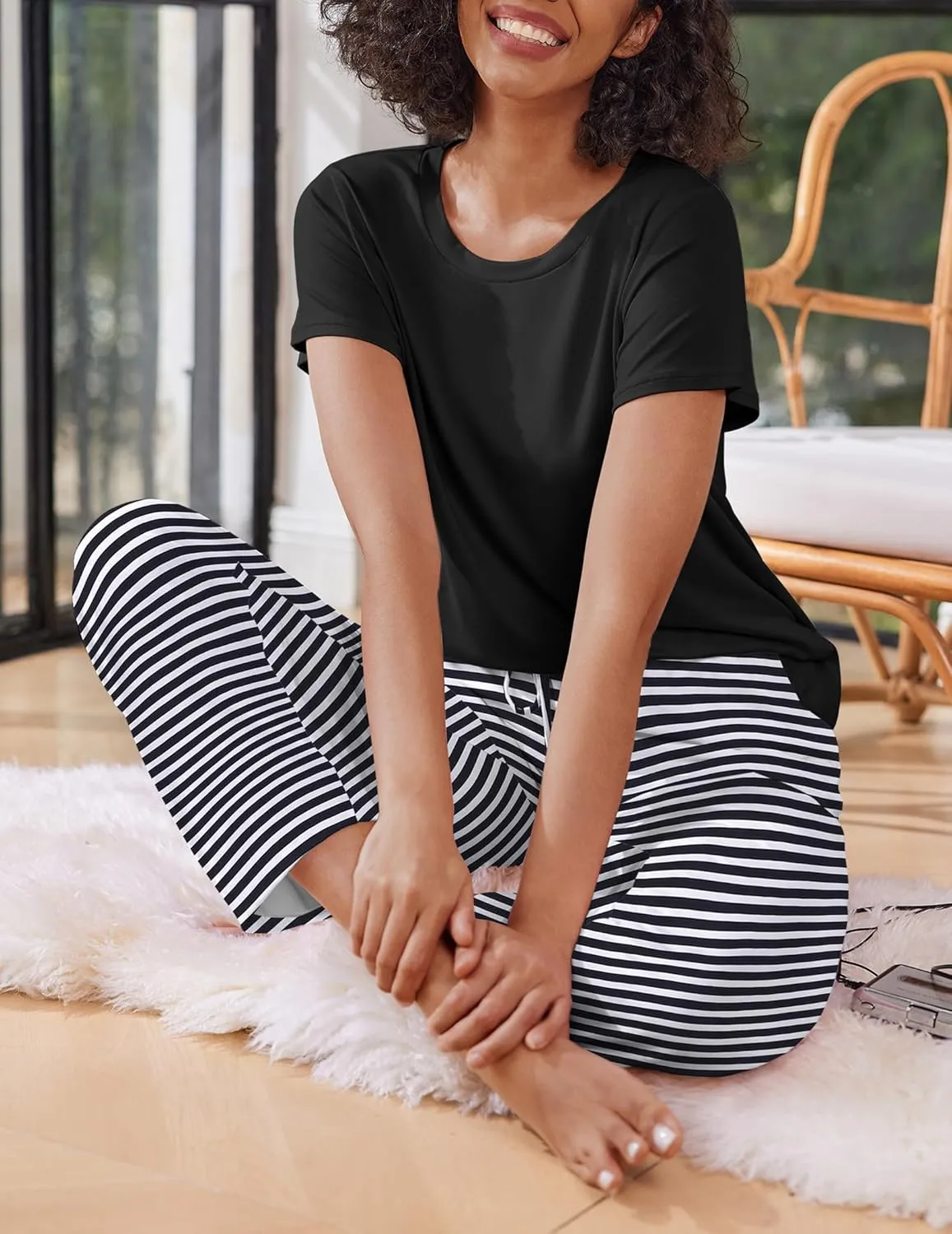 Ekouaer 2 Pack Womens Pajama Sets Short Sleeve Sleepwear Top and Pants 4 Piece Pjs Lounge Sets with Pockets