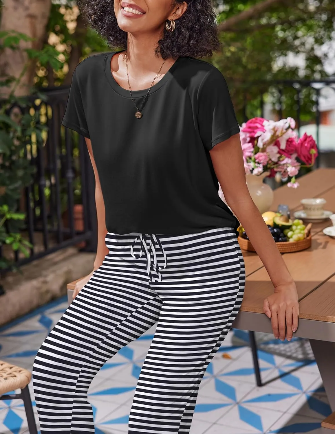 Ekouaer 2 Pack Womens Pajama Sets Short Sleeve Sleepwear Top and Pants 4 Piece Pjs Lounge Sets with Pockets