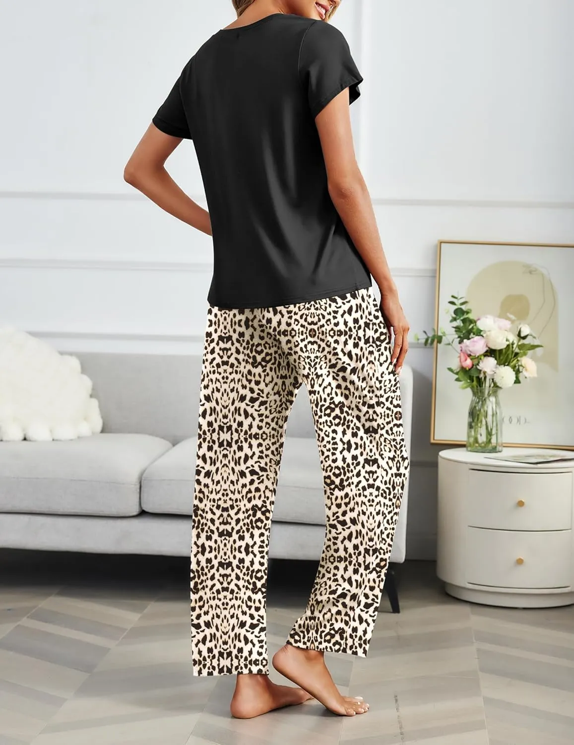 Ekouaer 2 Pack Womens Pajama Sets Short Sleeve Sleepwear Top and Pants 4 Piece Pjs Lounge Sets with Pockets