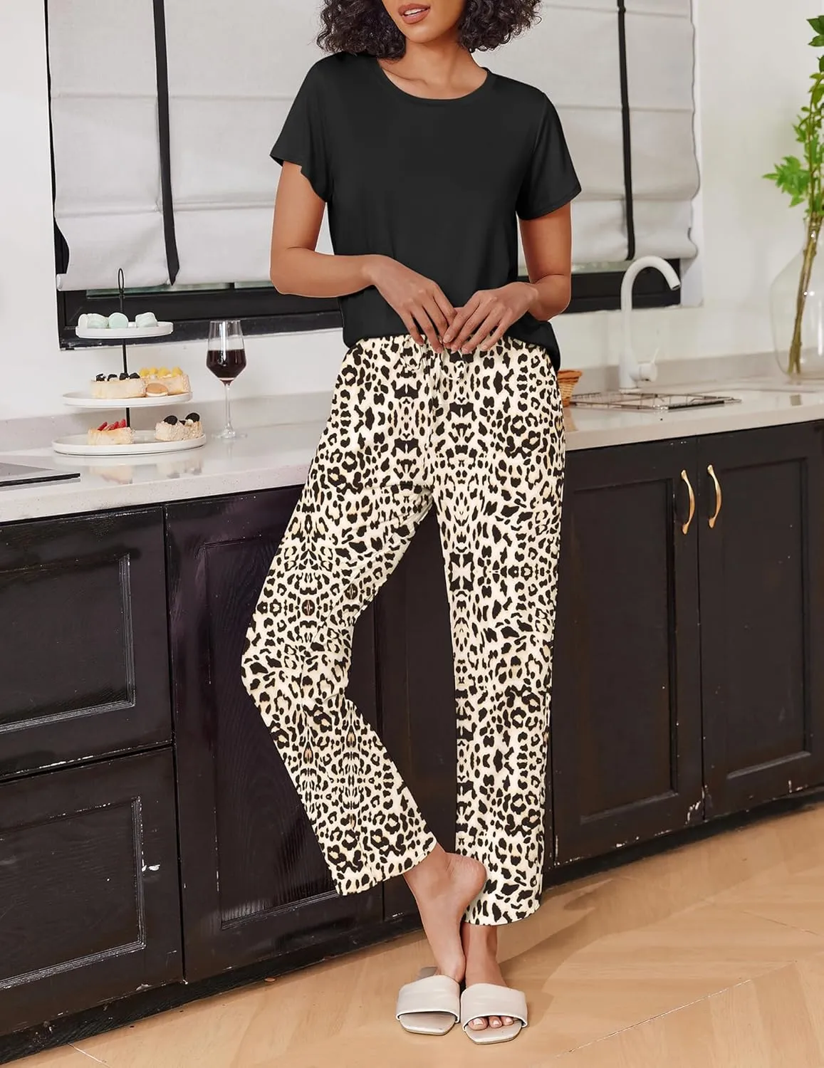 Ekouaer 2 Pack Womens Pajama Sets Short Sleeve Sleepwear Top and Pants 4 Piece Pjs Lounge Sets with Pockets