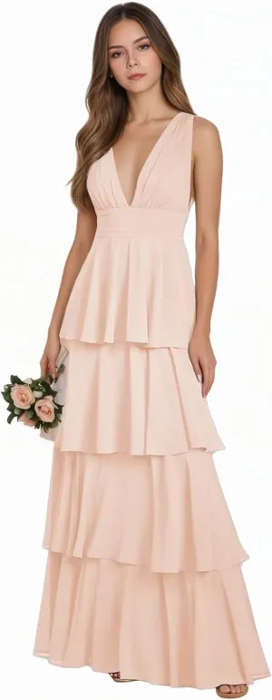 Elmiansly Womens Tiered A Line Bridesmaid Dresses Double V Neck Long Evening Dress Ruffles Formal Maxi Dress