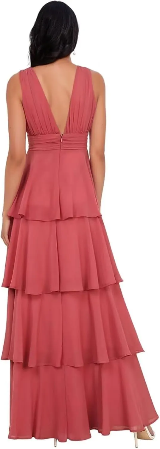 Elmiansly Womens Tiered A Line Bridesmaid Dresses Double V Neck Long Evening Dress Ruffles Formal Maxi Dress