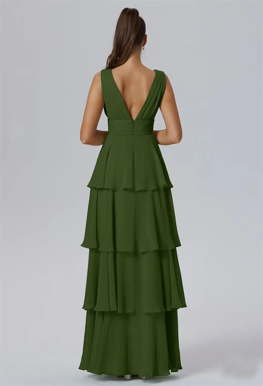 Elmiansly Womens Tiered A Line Bridesmaid Dresses Double V Neck Long Evening Dress Ruffles Formal Maxi Dress