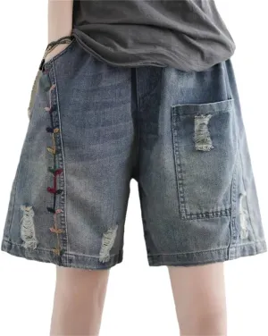 Embroidered Panels Ripped Jeans Women's Shorts Shorty Sexy Woman Clothes Hot Pants Female Clothing Mini Short Jean Korean Sty