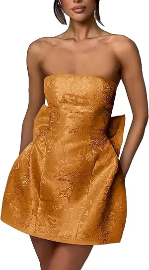 Embroidery Satin Short Prom Dress for Womens Straplesss Party Cocktial Homecoming Mini Gown with Bow Back