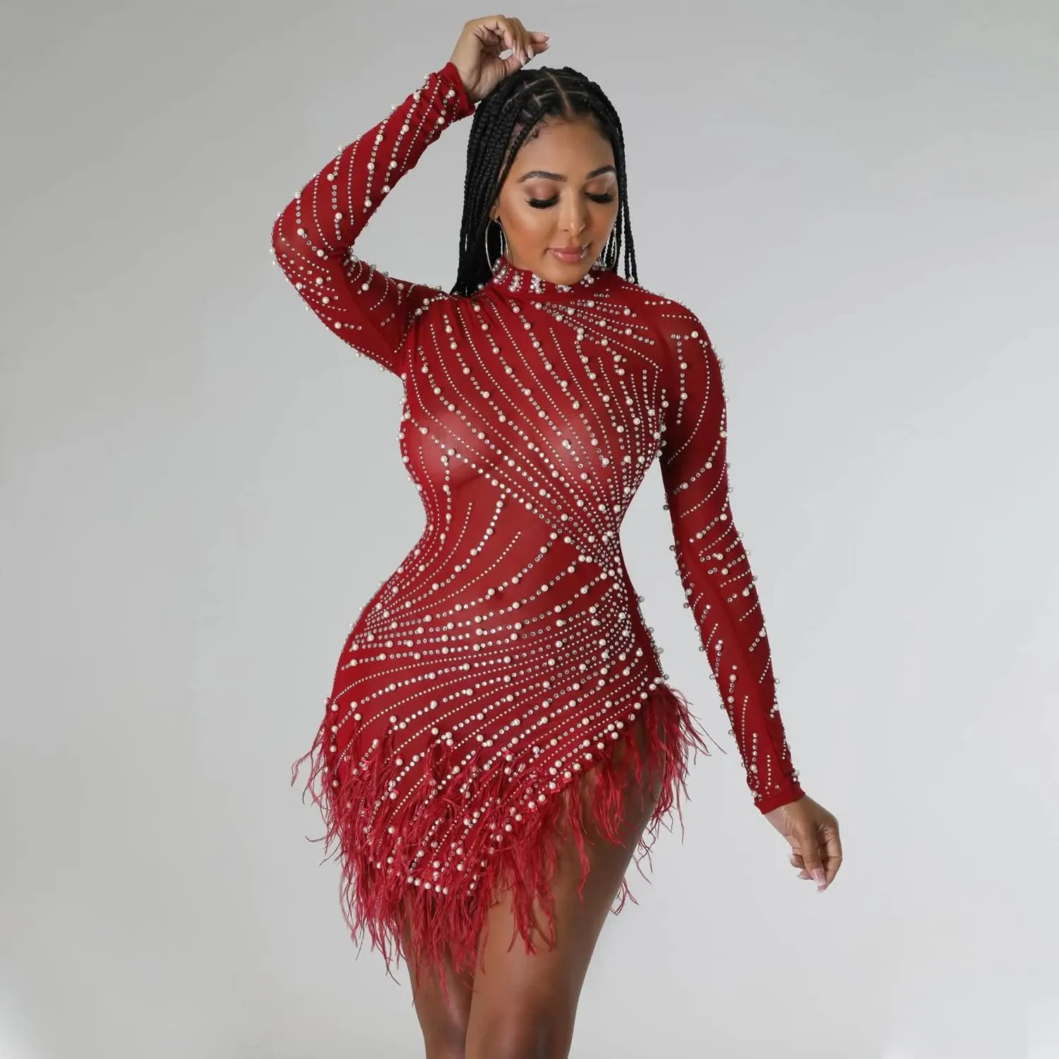 ENOPINK Women Sexy Rhinestone Feather Dress Mesh Sheer Bodycon Long Sleeve Mini Dresses Birthday Outfits Clubwear
