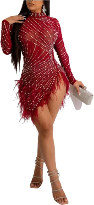 ENOPINK Women Sexy Rhinestone Feather Dress Mesh Sheer Bodycon Long Sleeve Mini Dresses Birthday Outfits Clubwear
