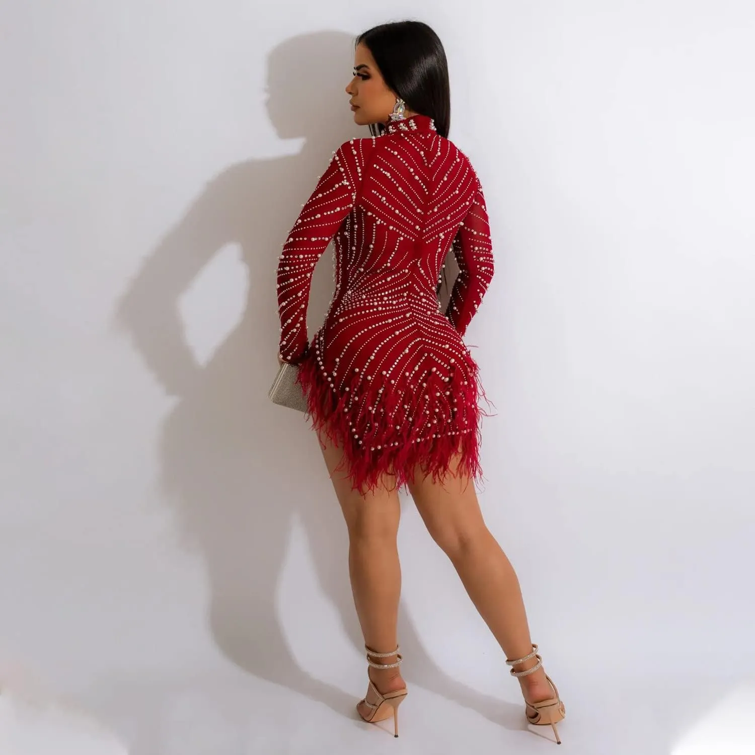 ENOPINK Women Sexy Rhinestone Feather Dress Mesh Sheer Bodycon Long Sleeve Mini Dresses Birthday Outfits Clubwear