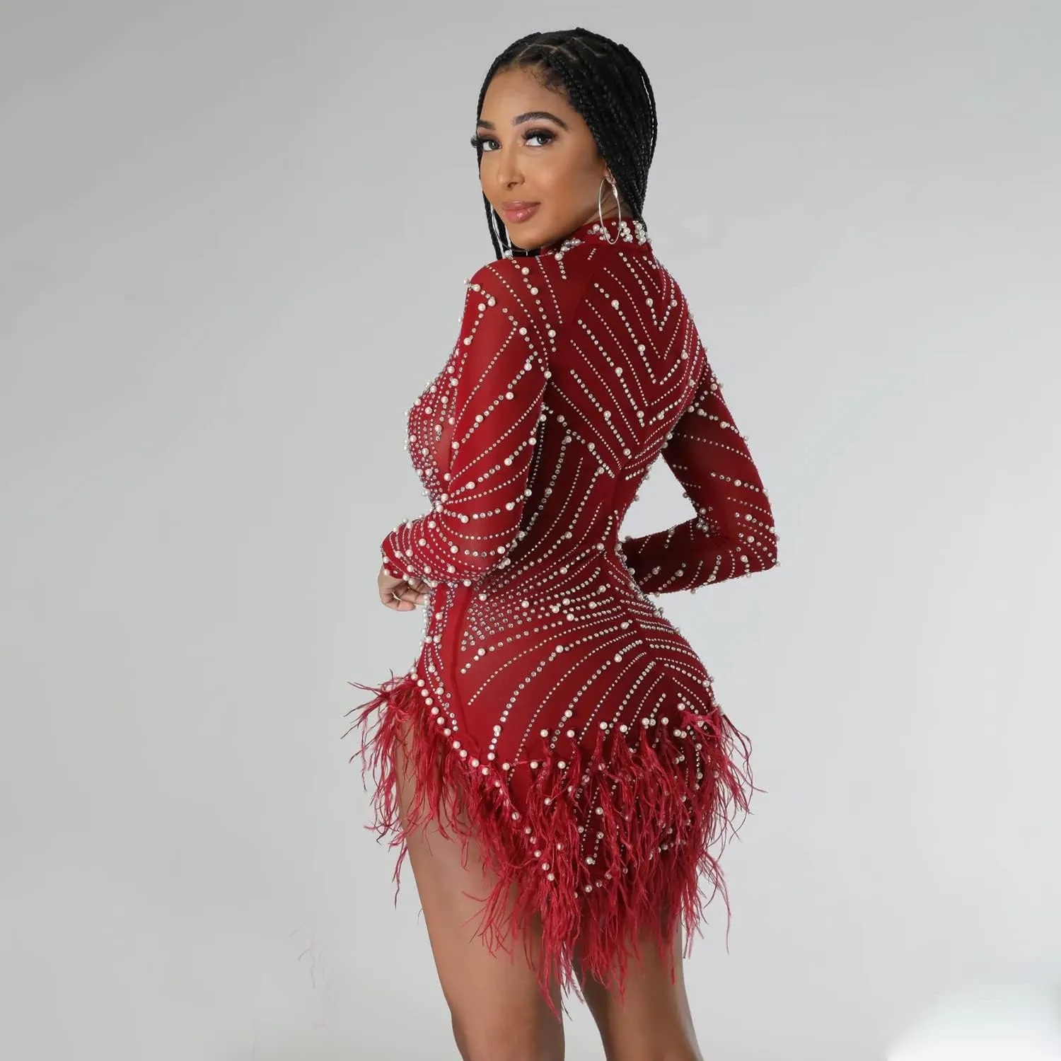 ENOPINK Women Sexy Rhinestone Feather Dress Mesh Sheer Bodycon Long Sleeve Mini Dresses Birthday Outfits Clubwear