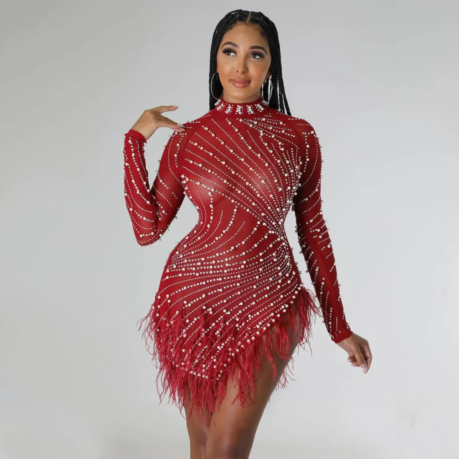 ENOPINK Women Sexy Rhinestone Feather Dress Mesh Sheer Bodycon Long Sleeve Mini Dresses Birthday Outfits Clubwear