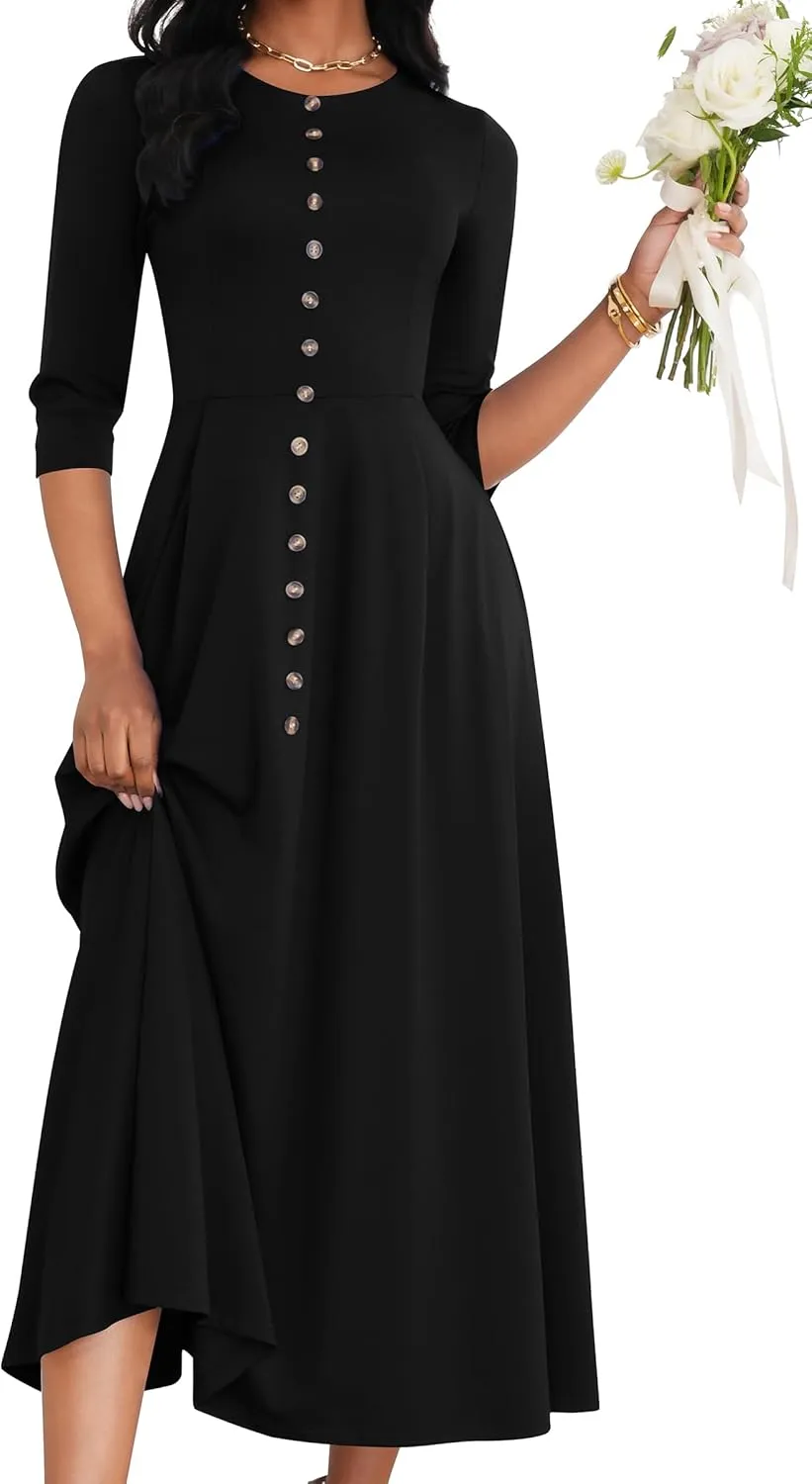 FANDEE Maxi Dresses for Women Button Up 3/4 Sleeve Church Dress Crew Neck Wedding Guest Party Dress with Pockets