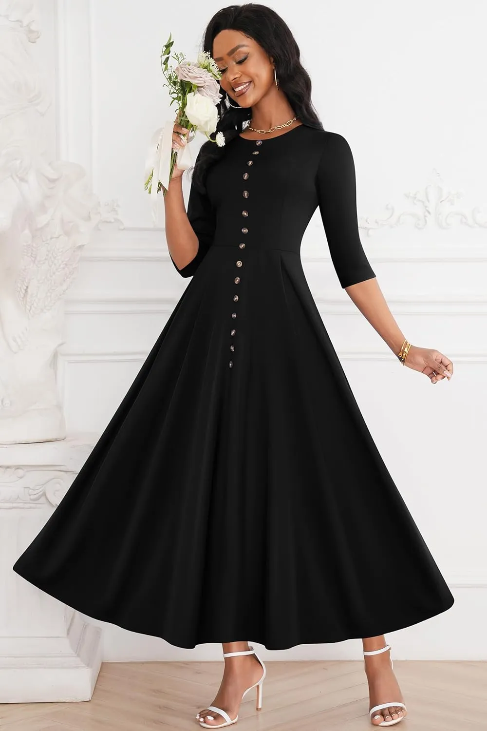 FANDEE Maxi Dresses for Women Button Up 3/4 Sleeve Church Dress Crew Neck Wedding Guest Party Dress with Pockets