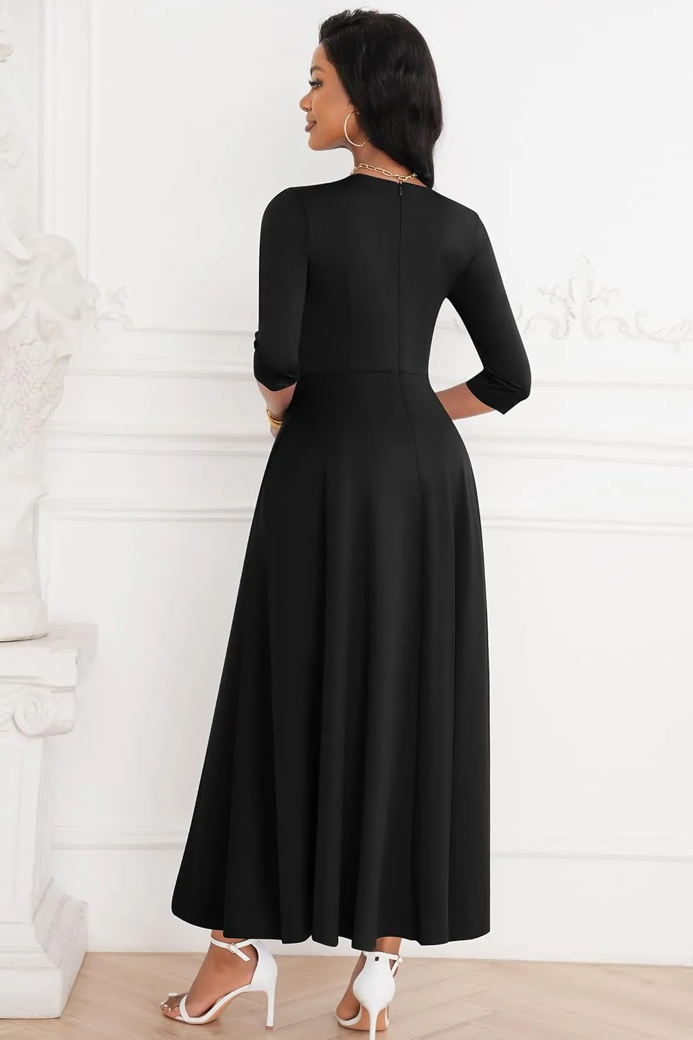 FANDEE Maxi Dresses for Women Button Up 3/4 Sleeve Church Dress Crew Neck Wedding Guest Party Dress with Pockets