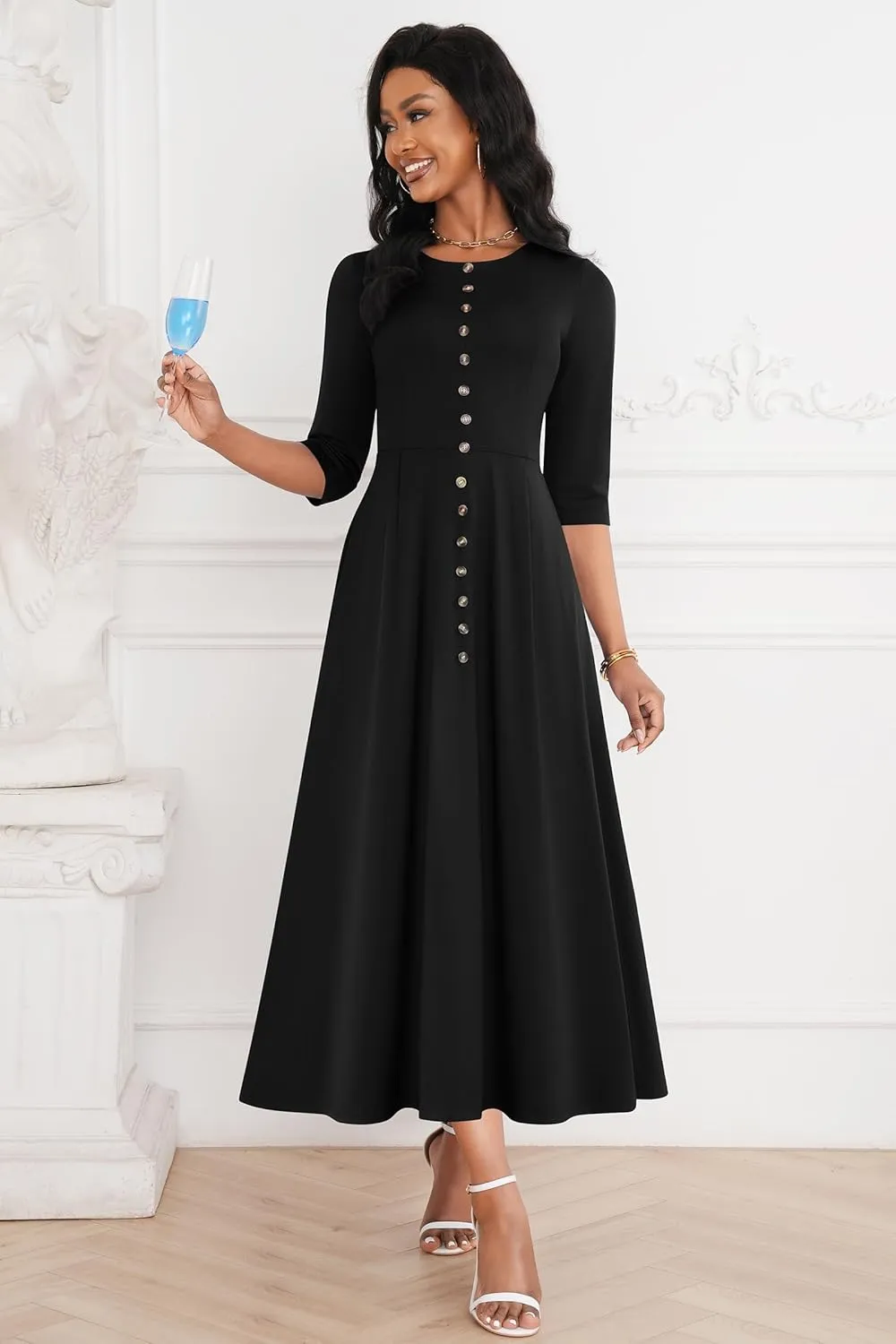 FANDEE Maxi Dresses for Women Button Up 3/4 Sleeve Church Dress Crew Neck Wedding Guest Party Dress with Pockets