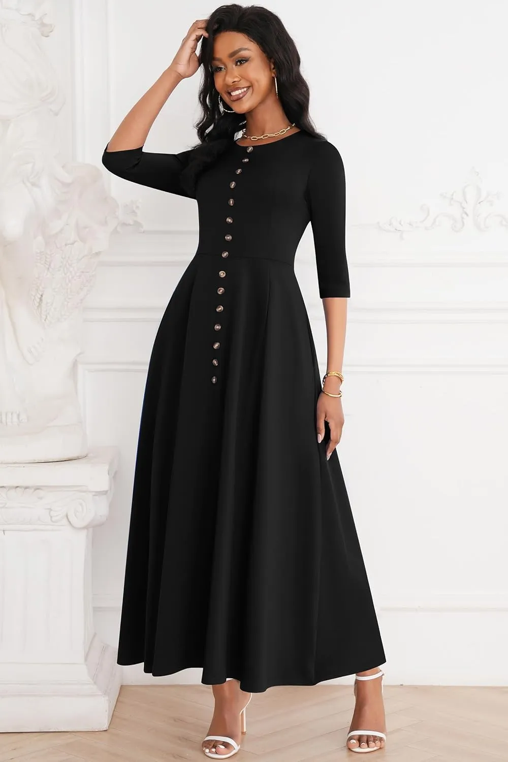 FANDEE Maxi Dresses for Women Button Up 3/4 Sleeve Church Dress Crew Neck Wedding Guest Party Dress with Pockets