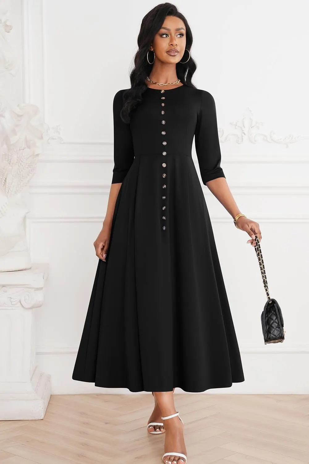 FANDEE Maxi Dresses for Women Button Up 3/4 Sleeve Church Dress Crew Neck Wedding Guest Party Dress with Pockets
