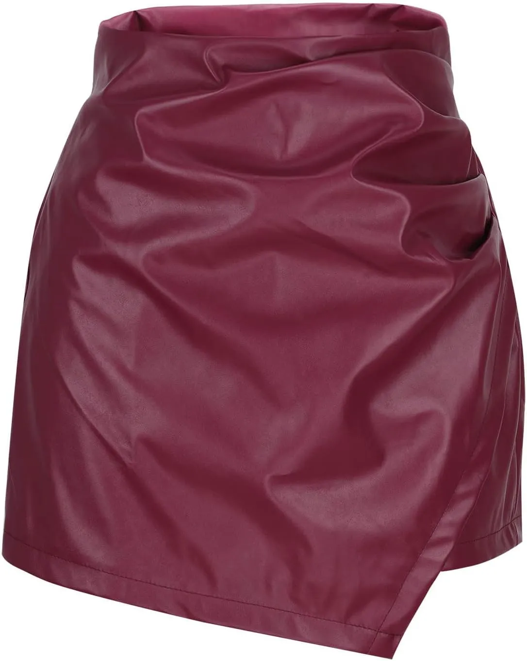 Faux Leather Skorts for Woman High Waisted Ruched Wrap Skorts Skirts Asymmetric Hem Slim Bodycon Skirt with Shorts