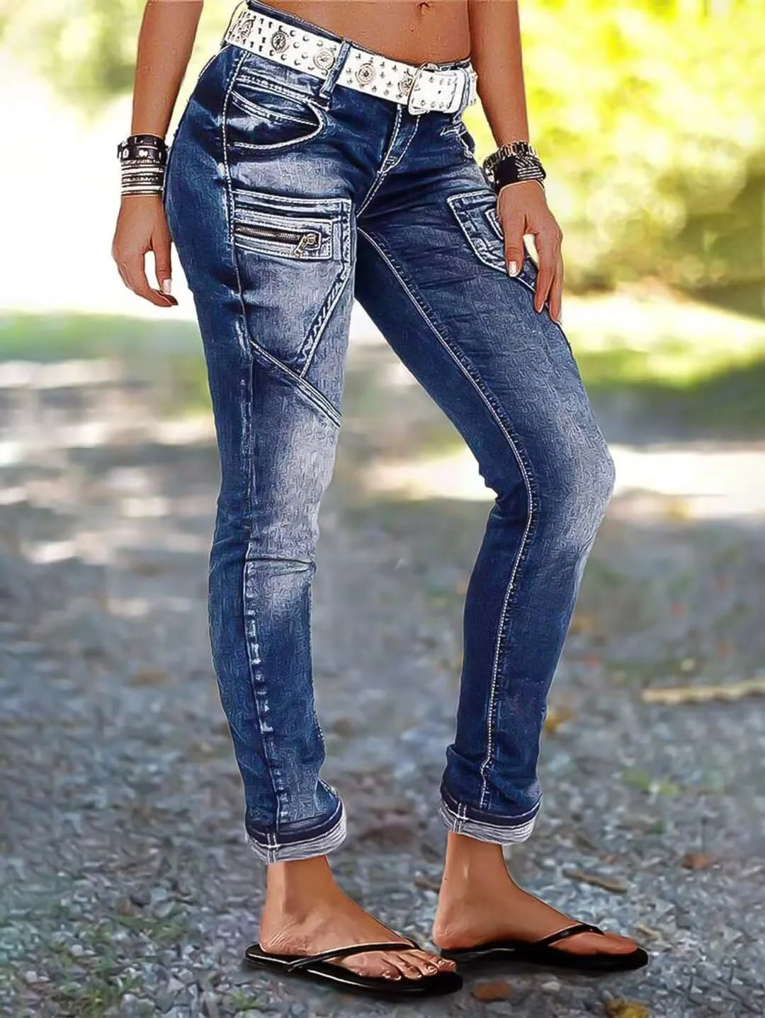 Flamingals Jeans for Women Wash Stretchy Crop Mid Waist Skinny Leg Casual Pocket Button Cropped Denim Pants Roll Hem