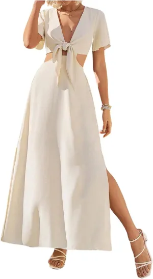 Floerns Women's Cut Out Tie Front Slit A Line Dress V Neck Short Sleeve Maxi Dresses