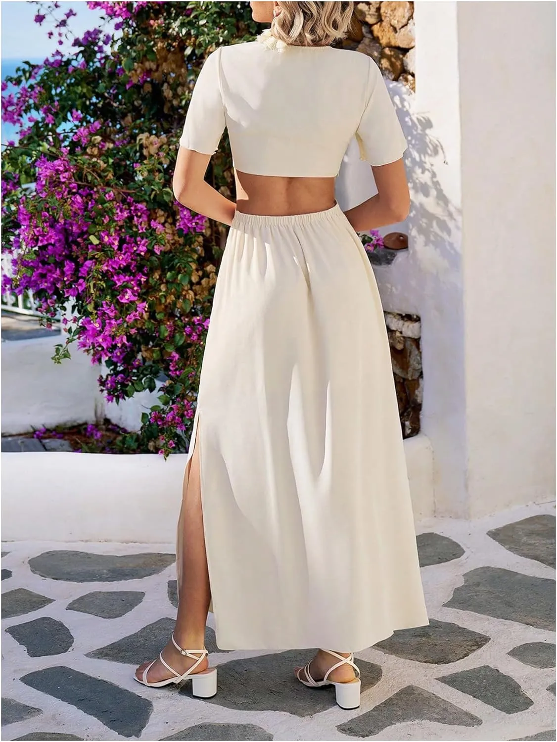 Floerns Women's Cut Out Tie Front Slit A Line Dress V Neck Short Sleeve Maxi Dresses