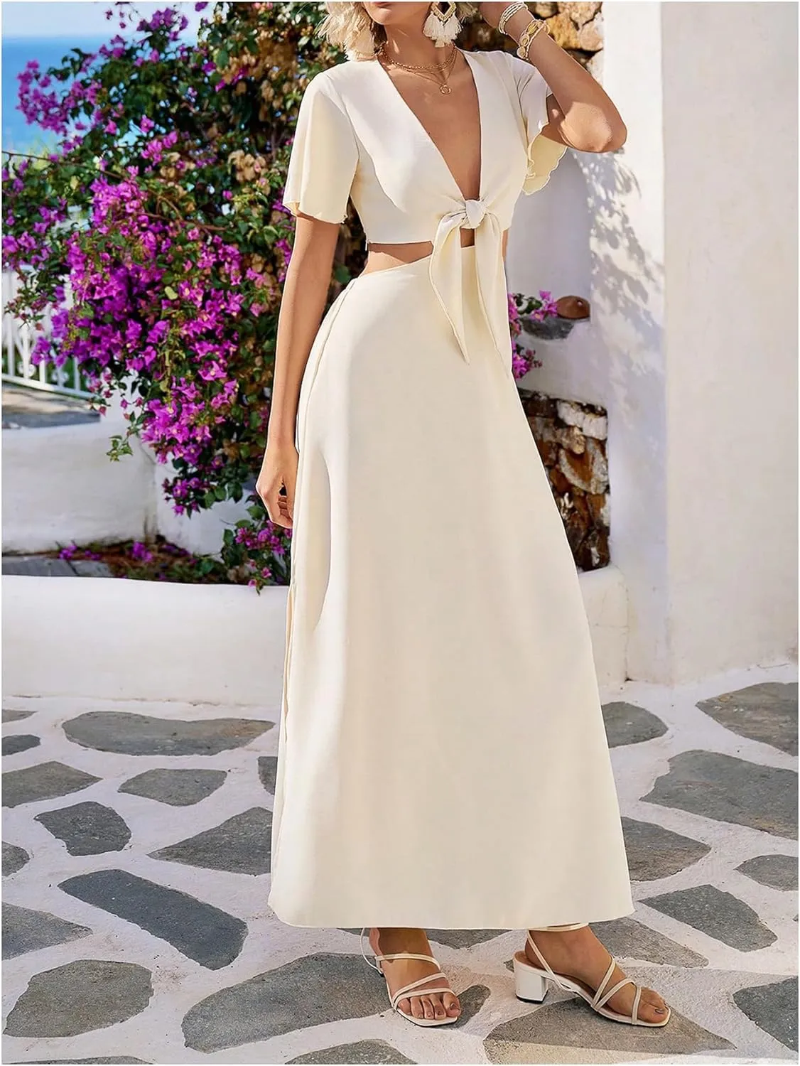 Floerns Women's Cut Out Tie Front Slit A Line Dress V Neck Short Sleeve Maxi Dresses