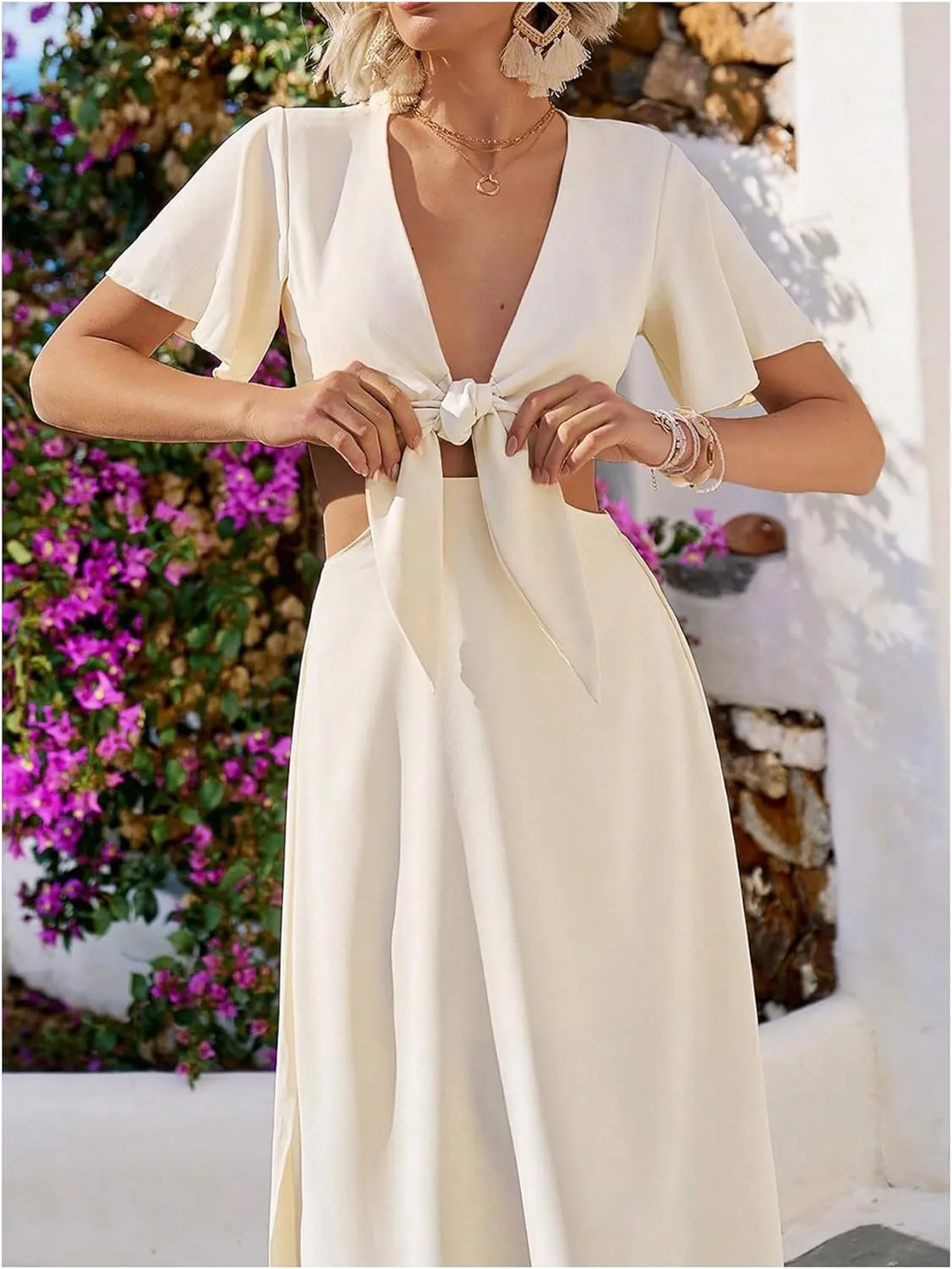 Floerns Women's Cut Out Tie Front Slit A Line Dress V Neck Short Sleeve Maxi Dresses