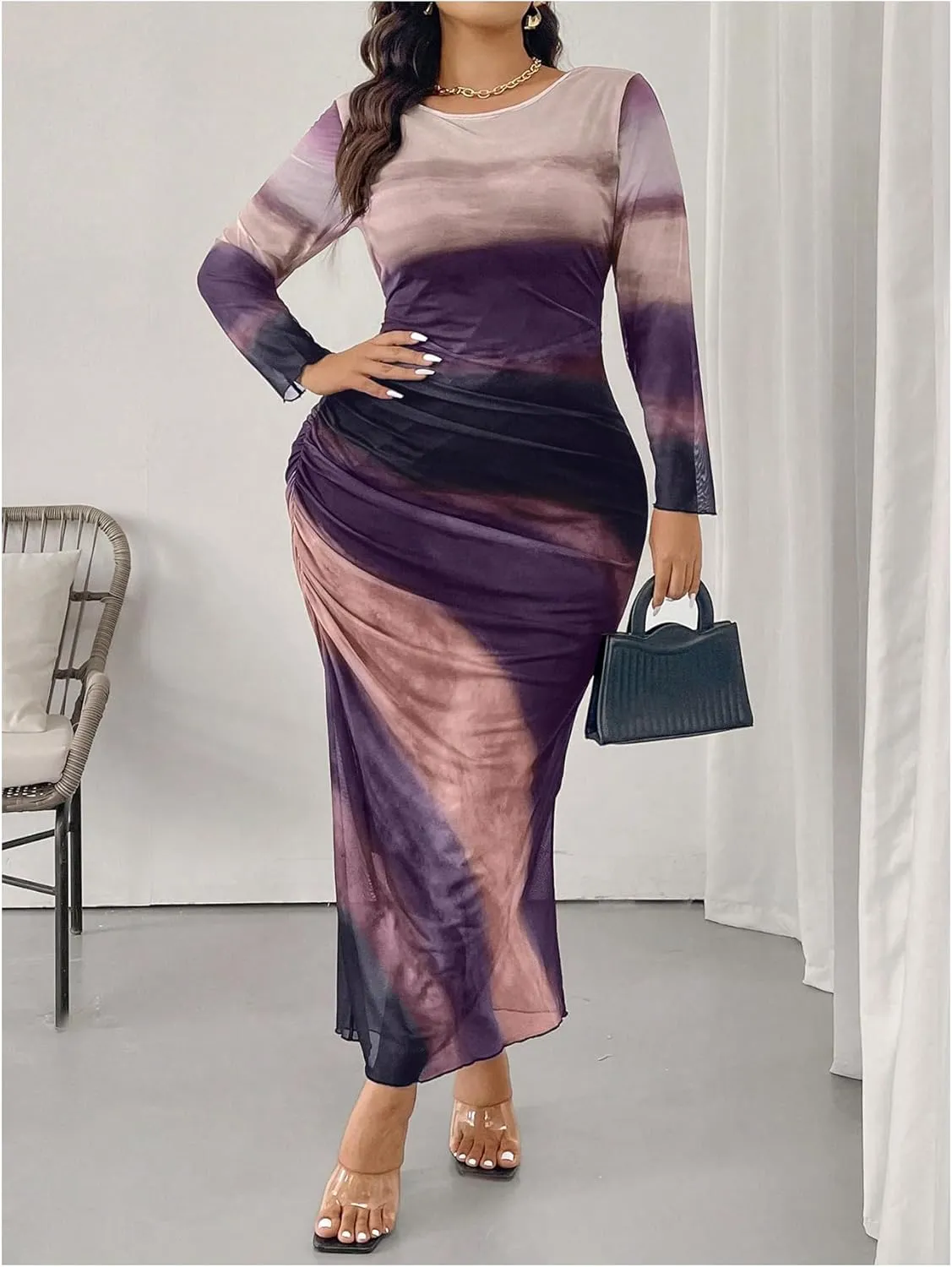 Floerns Women's Plus Size Tie Dye Long Sleeve Mesh Party Bodycon Long Dress