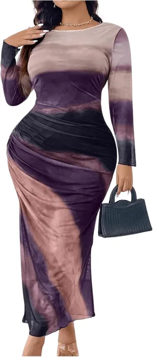 Floerns Women's Plus Size Tie Dye Long Sleeve Mesh Party Bodycon Long Dress