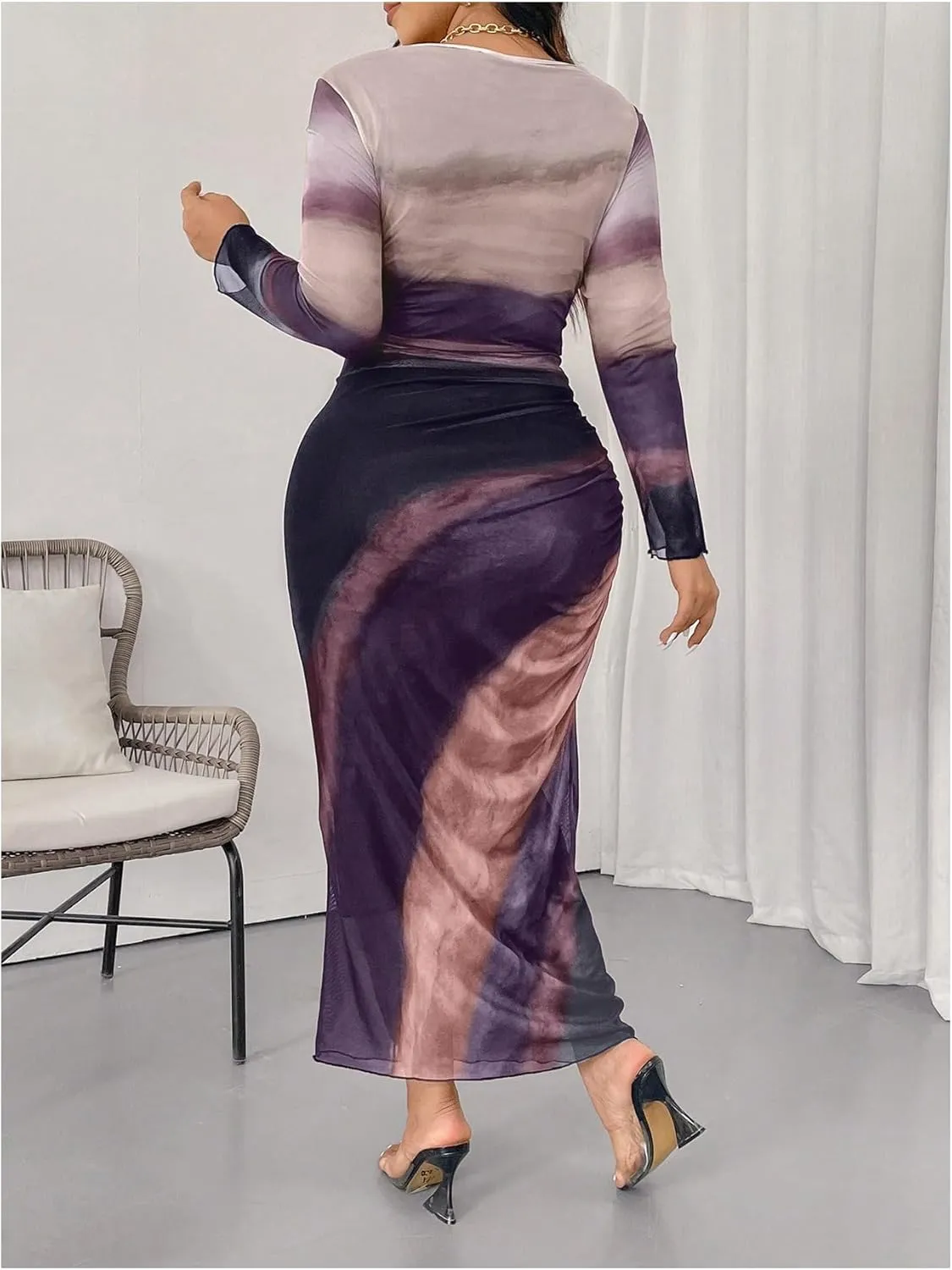 Floerns Women's Plus Size Tie Dye Long Sleeve Mesh Party Bodycon Long Dress