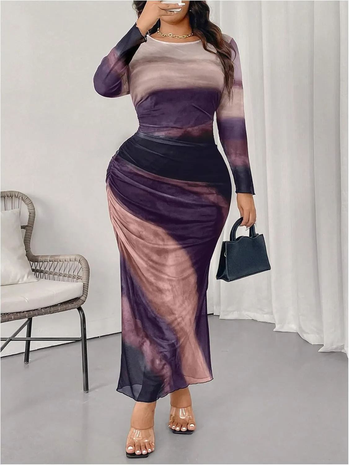 Floerns Women's Plus Size Tie Dye Long Sleeve Mesh Party Bodycon Long Dress