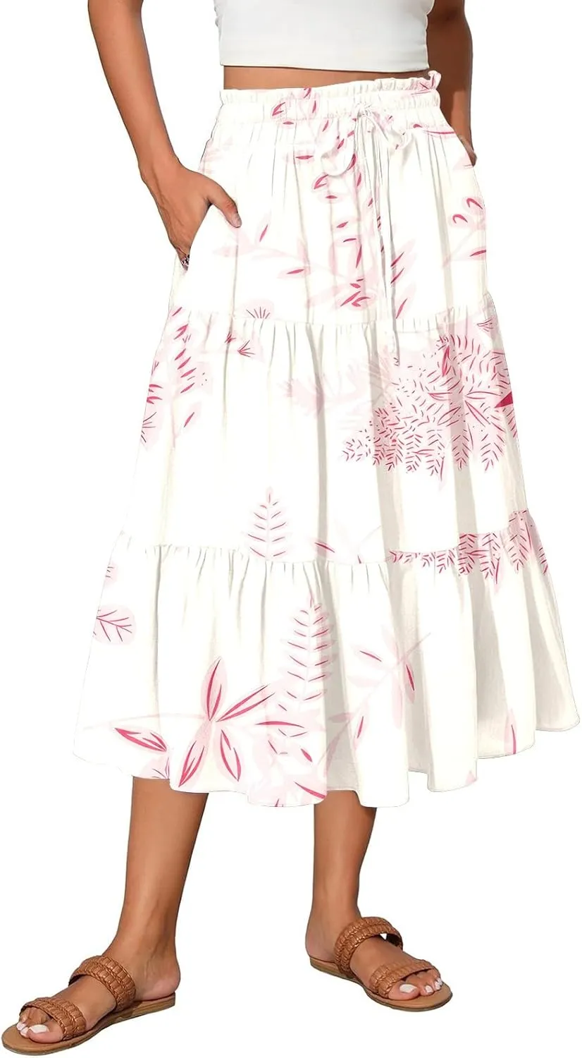 Floral Skirts for Women Summer Loose Casual Trendy Drawstring Flowy Beach Vacation Boho Maxi Skirt, S-2XL