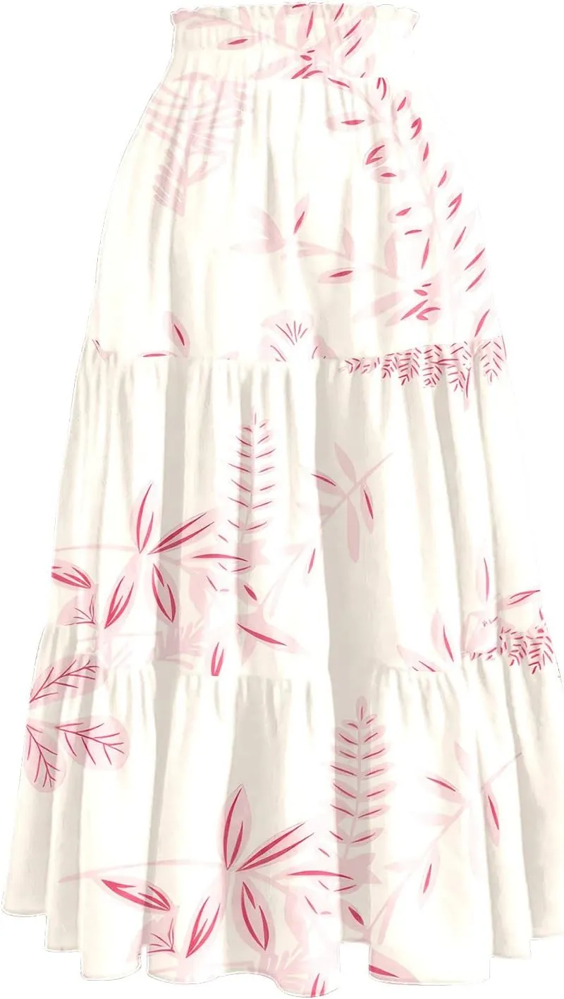 Floral Skirts for Women Summer Loose Casual Trendy Drawstring Flowy Beach Vacation Boho Maxi Skirt, S-2XL