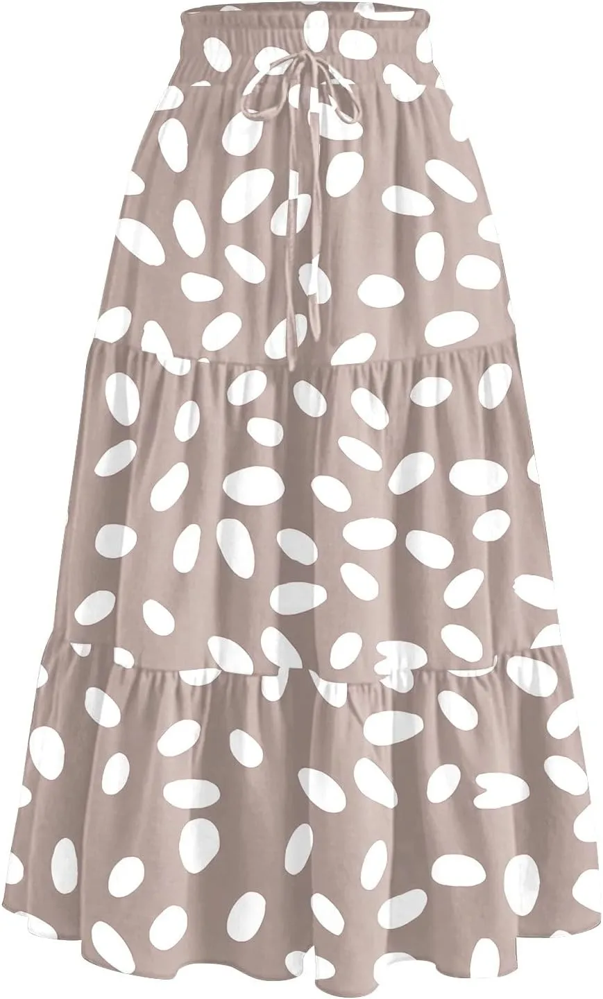 Floral Skirts for Women Summer Loose Casual Trendy Drawstring Flowy Beach Vacation Boho Maxi Skirt, S-2XL
