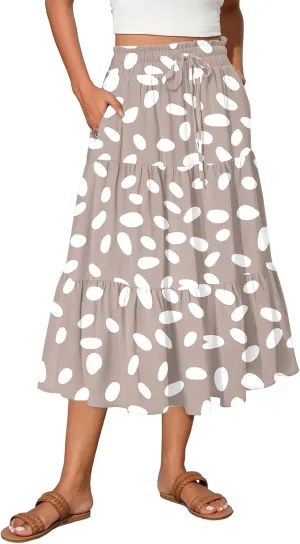 Floral Skirts for Women Summer Loose Casual Trendy Drawstring Flowy Beach Vacation Boho Maxi Skirt, S-2XL