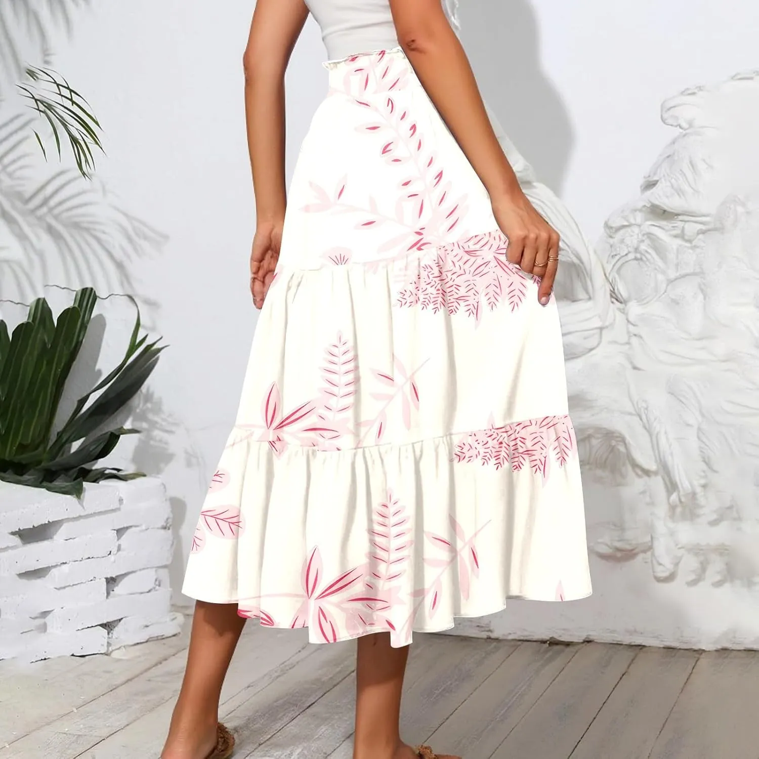 Floral Skirts for Women Summer Loose Casual Trendy Drawstring Flowy Beach Vacation Boho Maxi Skirt, S-2XL
