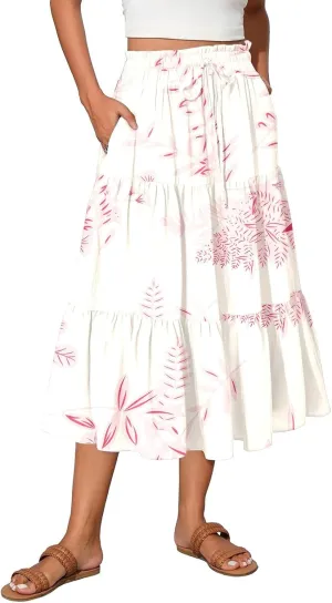 Floral Skirts for Women Summer Loose Casual Trendy Drawstring Flowy Beach Vacation Boho Maxi Skirt, S-2XL