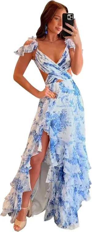 Floral Tiered Prom Dresses for Women 2025 Long Ball Gown Ruffle Formal Evening Gowns with Slit
