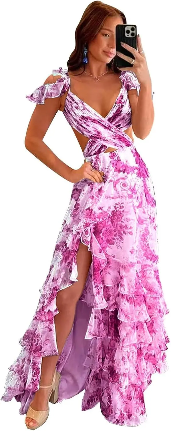 Floral Tiered Prom Dresses for Women 2025 Long Ball Gown Ruffle Formal Evening Gowns with Slit