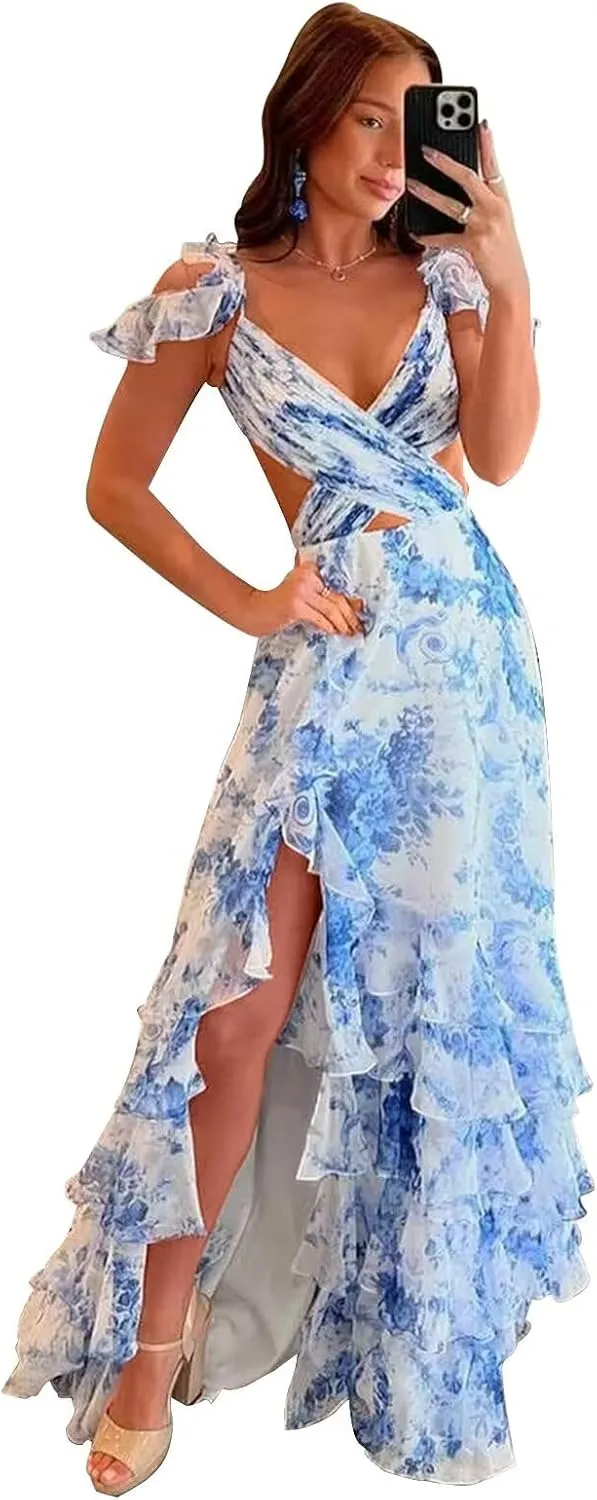 Floral Tiered Prom Dresses for Women 2025 Long Ball Gown Ruffle Formal Evening Gowns with Slit
