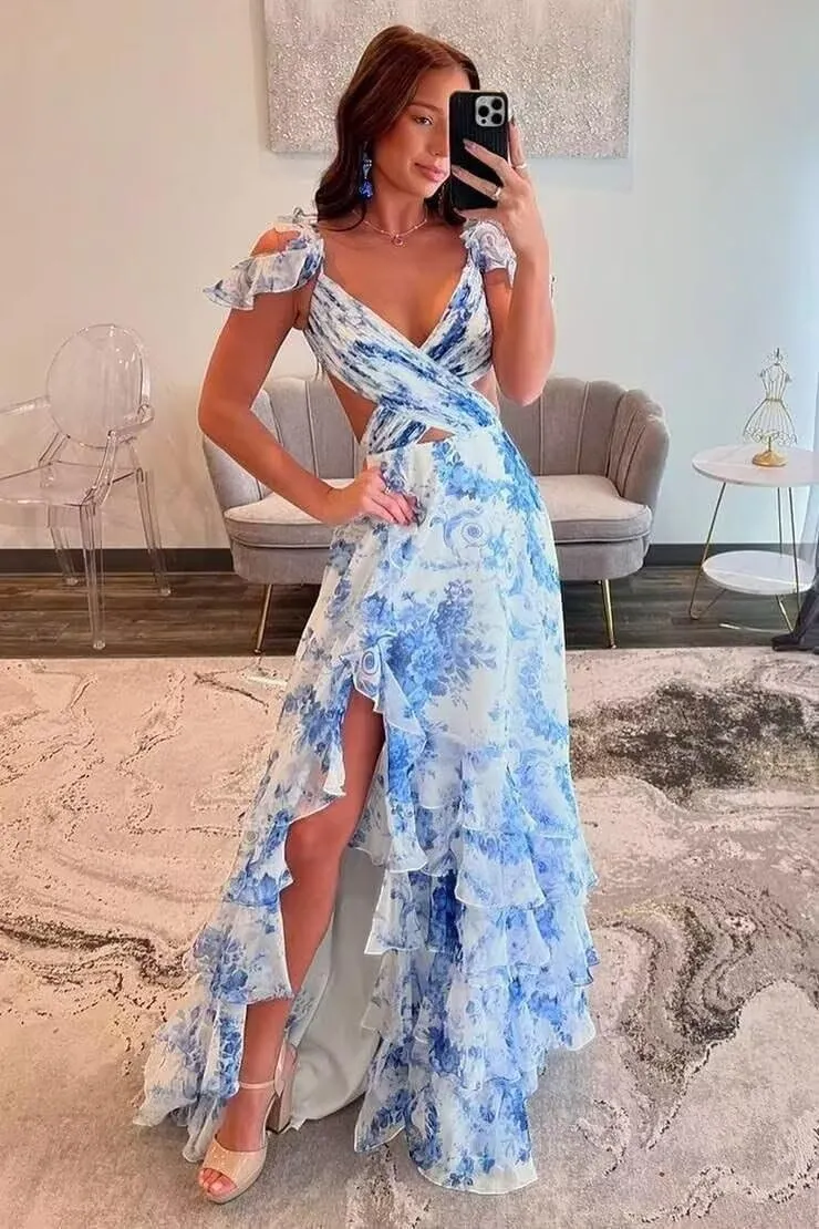 Floral Tiered Prom Dresses for Women 2025 Long Ball Gown Ruffle Formal Evening Gowns with Slit