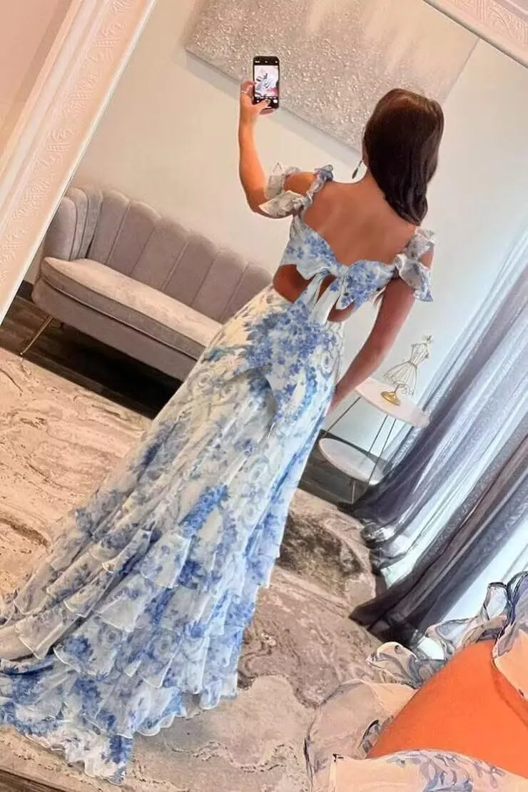 Floral Tiered Prom Dresses for Women 2025 Long Ball Gown Ruffle Formal Evening Gowns with Slit