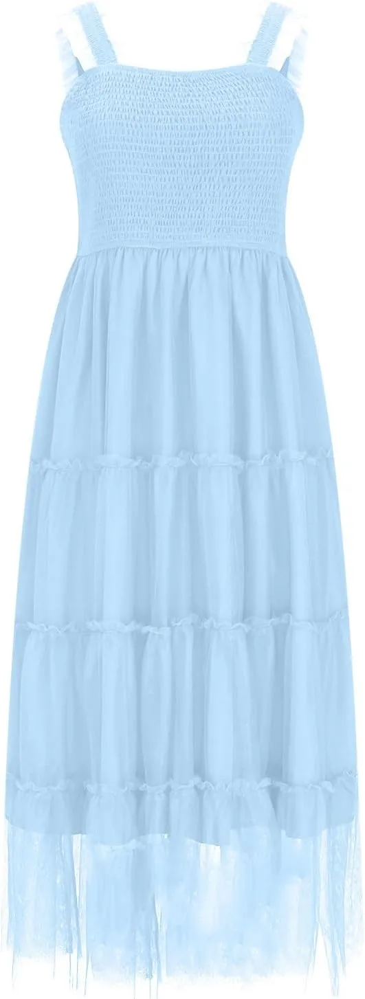 Flowy Dresses for Women Trendy Summer Midi Beach Dress Sleeveless Smocked Square Neck Party Wedding Guest Sundress