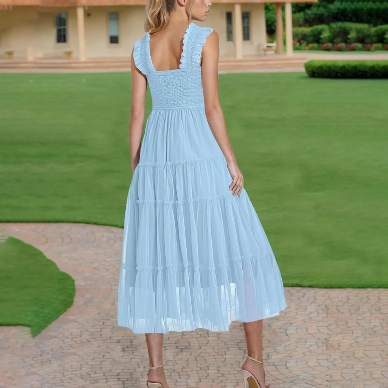 Flowy Dresses for Women Trendy Summer Midi Beach Dress Sleeveless Smocked Square Neck Party Wedding Guest Sundress