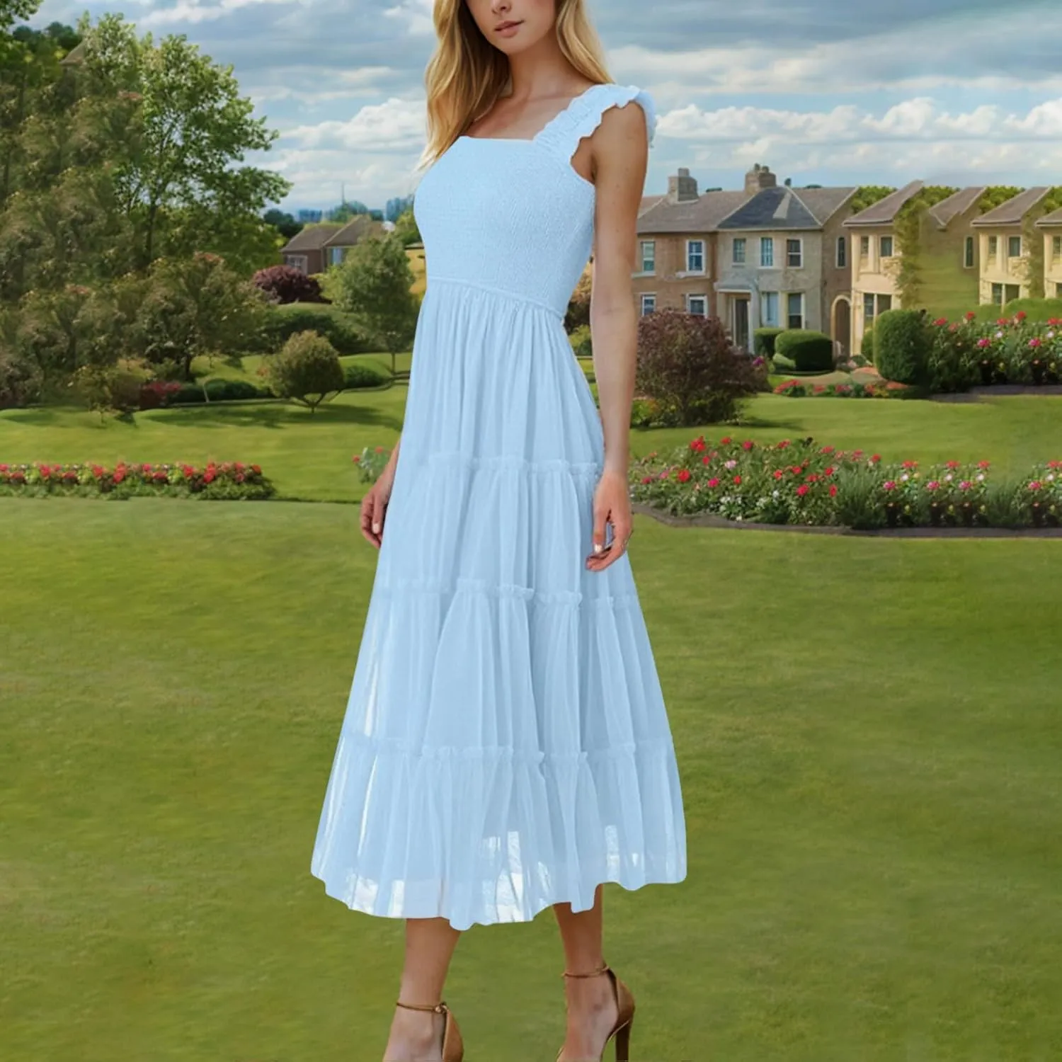 Flowy Dresses for Women Trendy Summer Midi Beach Dress Sleeveless Smocked Square Neck Party Wedding Guest Sundress