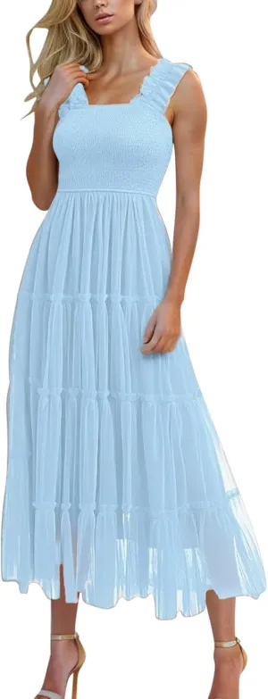 Flowy Dresses for Women Trendy Summer Midi Beach Dress Sleeveless Smocked Square Neck Party Wedding Guest Sundress